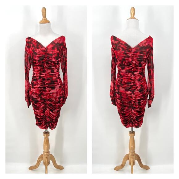 KASIA Ruched Off the Shoulder Dress Womens Small Red Print Long Sleeve Mesh NEW - Picture 1 of 13
